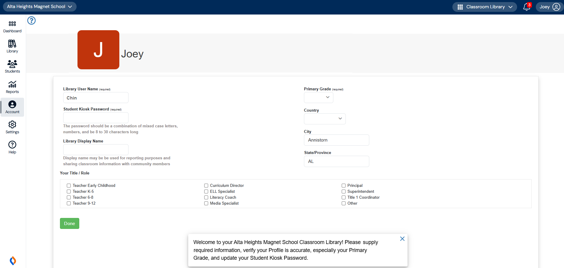 Account tab with claim library confirmation message.