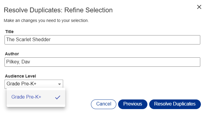 Refine Selection pop-up with title, author, and audience level options.