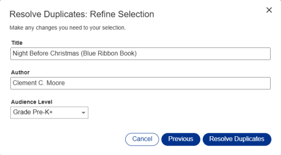 Refine Selection pop-up with title, author, and audience level options.