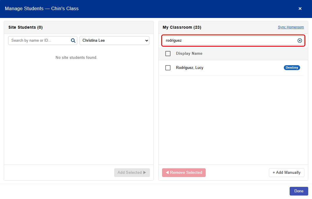 Manage Students page with a student name to be removed entered in the search field.