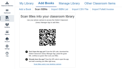 Scan ISBNs tab with QR code to access the Classroom Library Manager app to scan titiles.