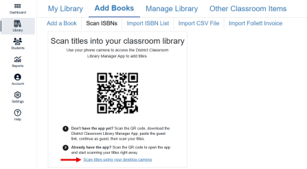 Scan ISBNs tab with Scan titles using your desktop camera highlighted.