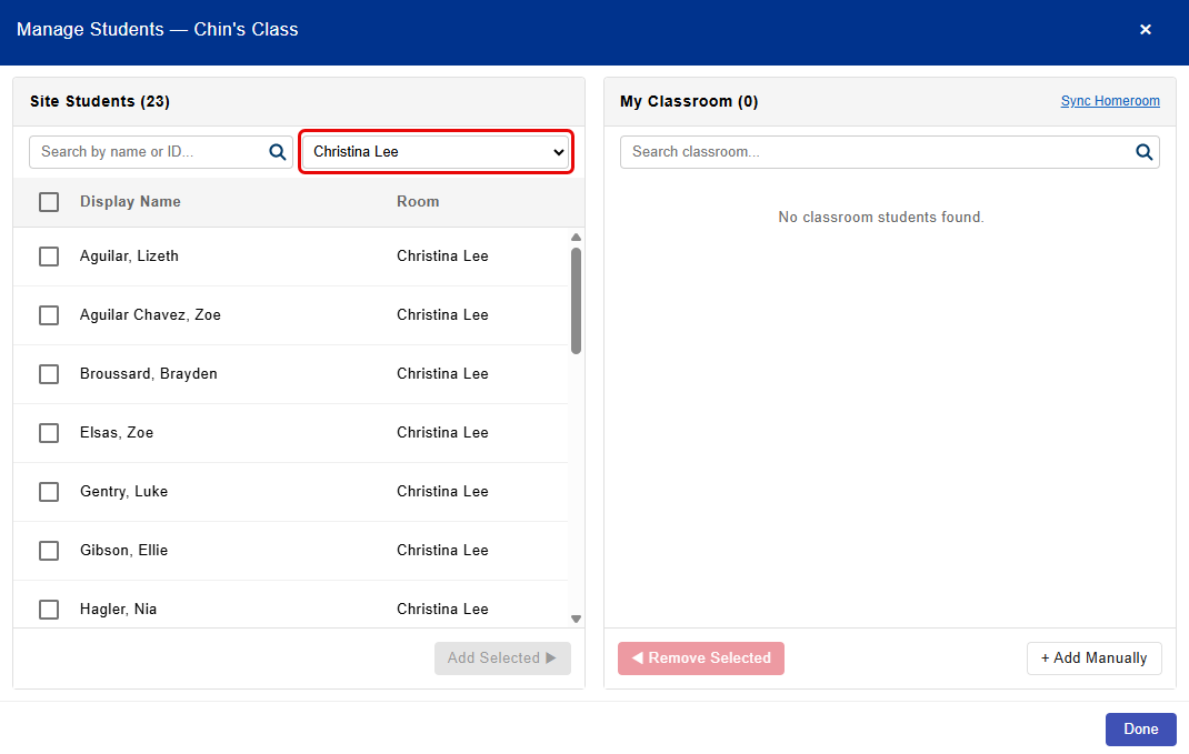 Manage Students page showing the selected homeroom and its students.