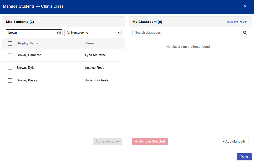 Manage Students page showing a student name in the search field and corresponding search results.