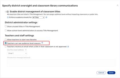Settings page with Teachers can see audience level reasons checkbox selected.