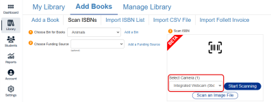 Scan ISBNs tab with Select Camera drop-down highlighted.