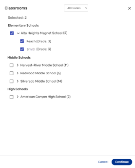 Classrooms pop-up with classrooms selected.