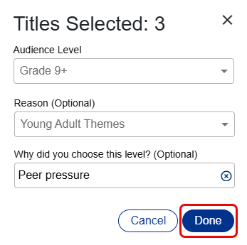 Set audience levels pop-up for multiple titles with options to set audience level, reason, and description.
