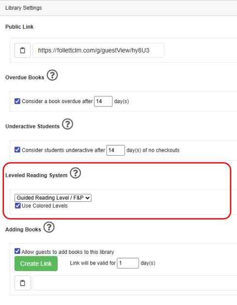 Settings page with Leveled Reading System highlighted.