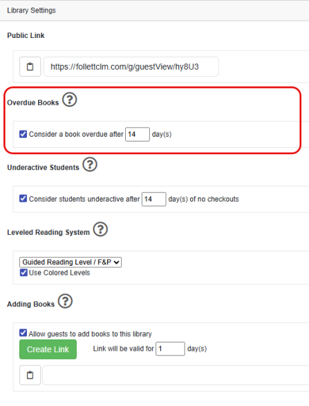 Settings page with Overdue Books highlighted.