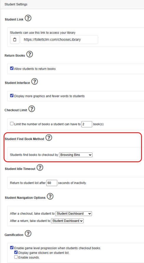 Settings page with Student Find Book Method highlighted.