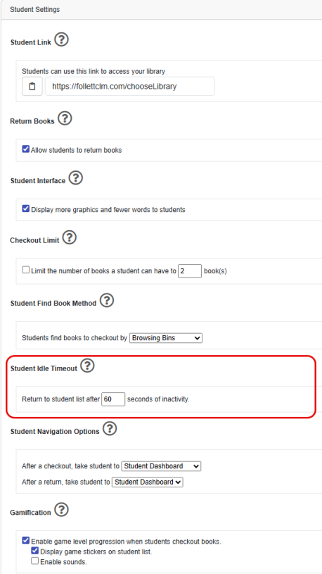 Settings page with Student Idle Timeout highlighted.