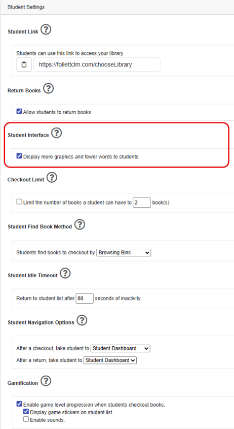 Settings page with Student Interface highlighted.