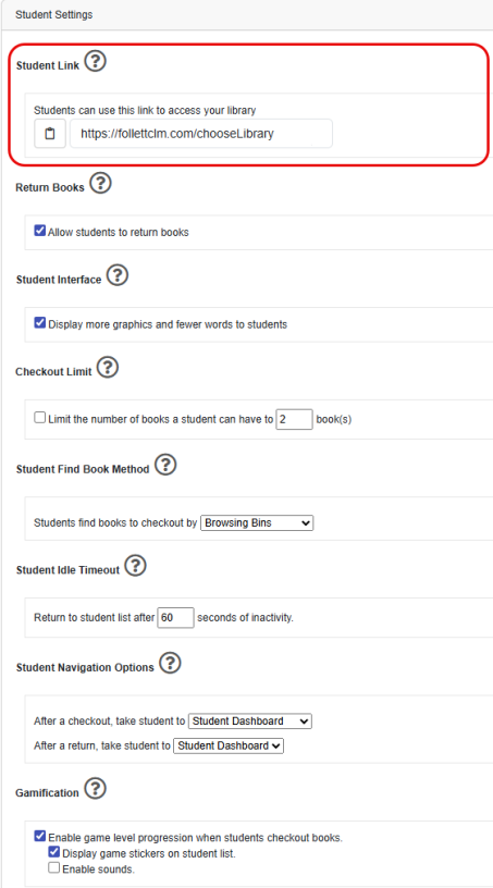 Settings page with Student Link highlighted.