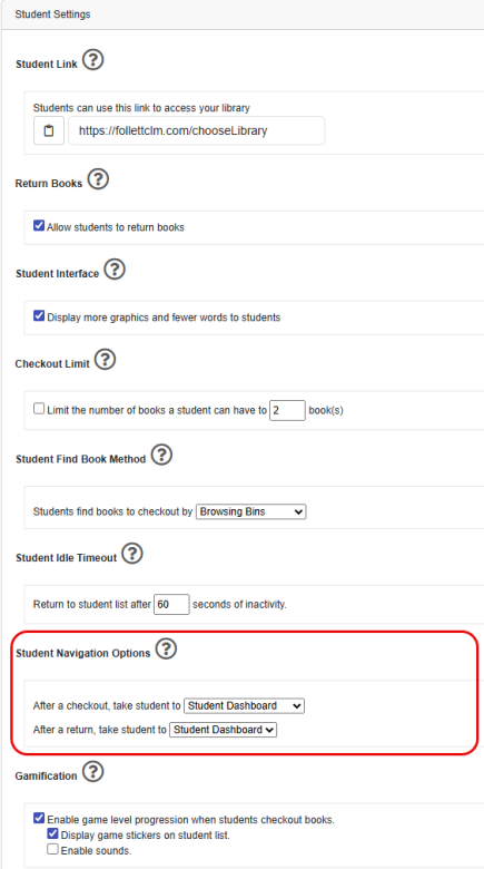 Settings page with Student Navigation Options highlighted.