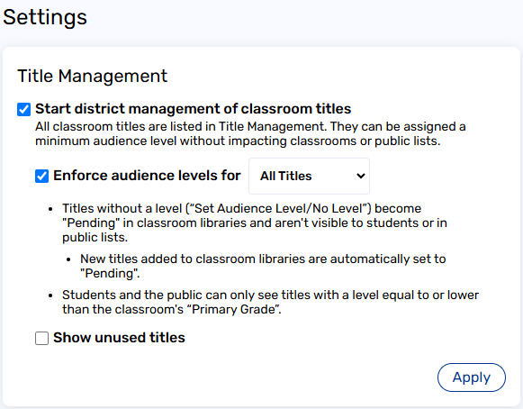 Settings tab with the 'Show unused titles' checkbox deselected.