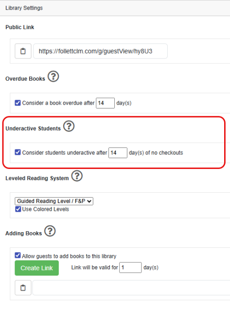 Settings page with Underactive Students highlighted.