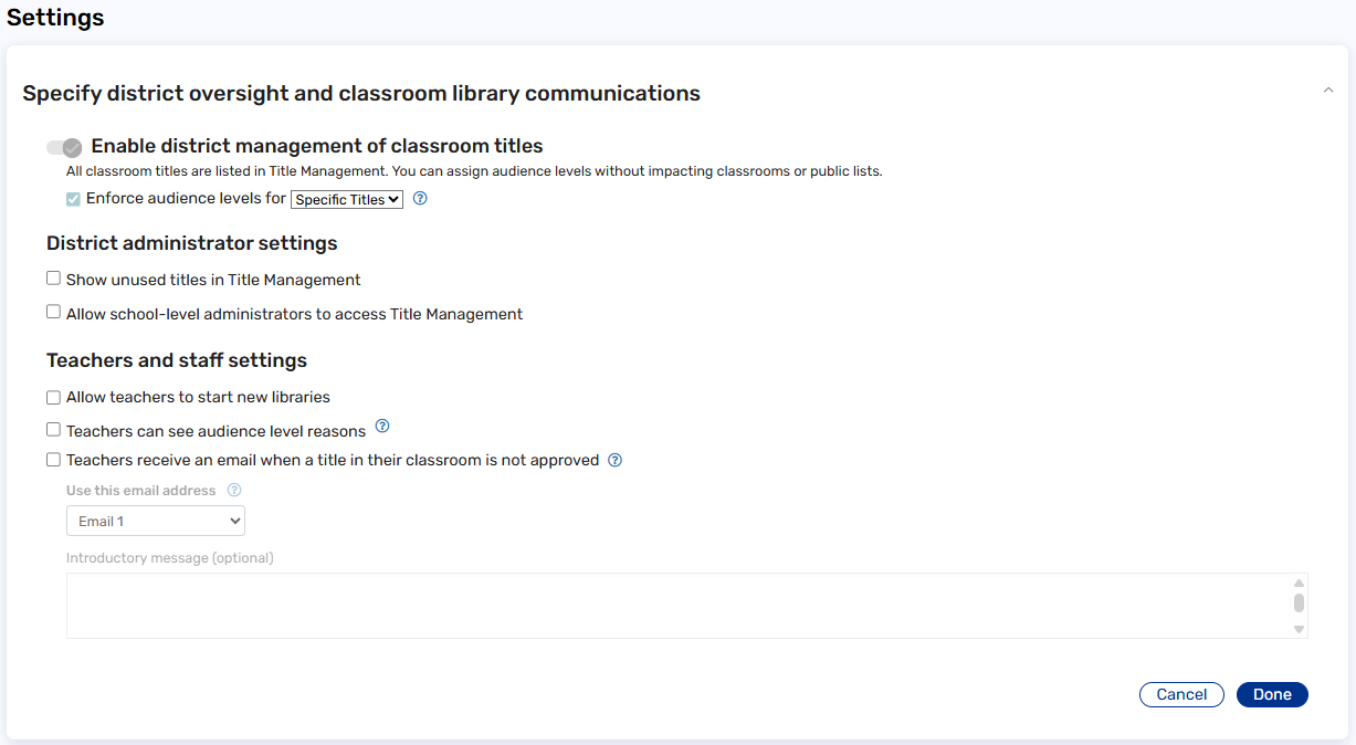 Enable district management of classroom titles permission on the Settings page.