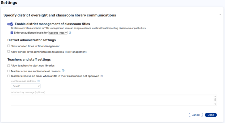 Enable district management of classroom titles permission on the Settings page.