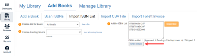 Import ISBN List option with Show Details highlighted.