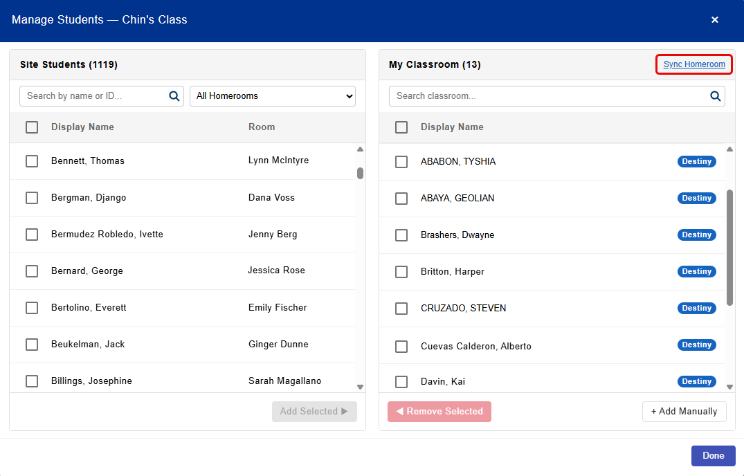 Manage Students page with Sync Homeroom link highlighted.