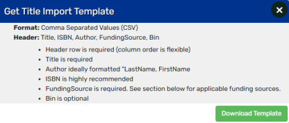 Title Import Template pop-up.