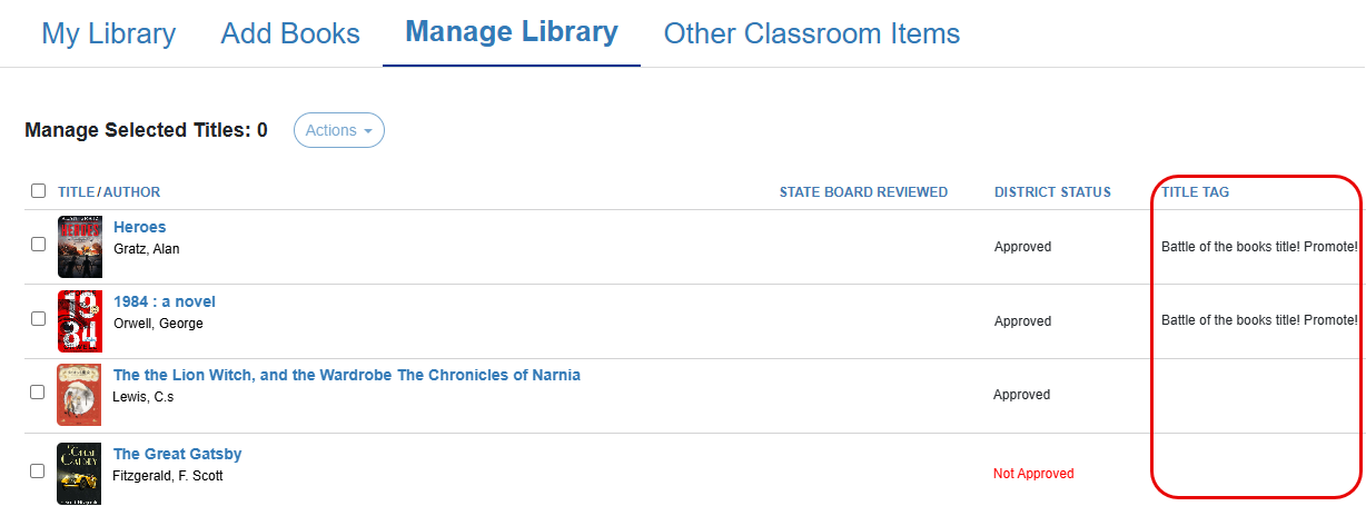 Manage Library tab with Title Tag column highlighted.