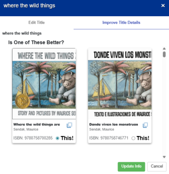 Improve Title Details tab with a cover image selected.
