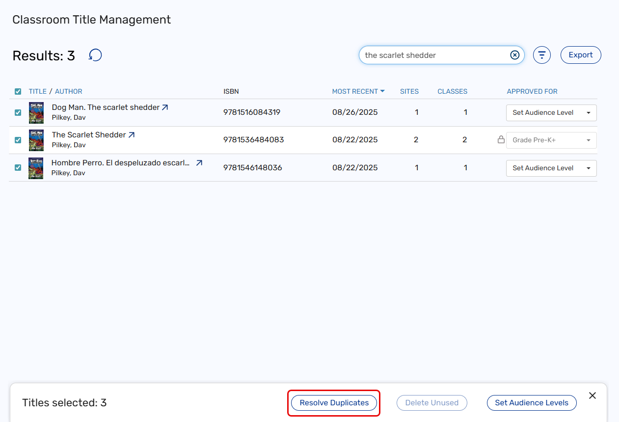 Search results with titles selected and the Resolve Duplicates option highlighed.