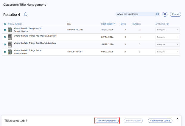 Search results with titles selected and the Resolve Duplicates option highlighted.