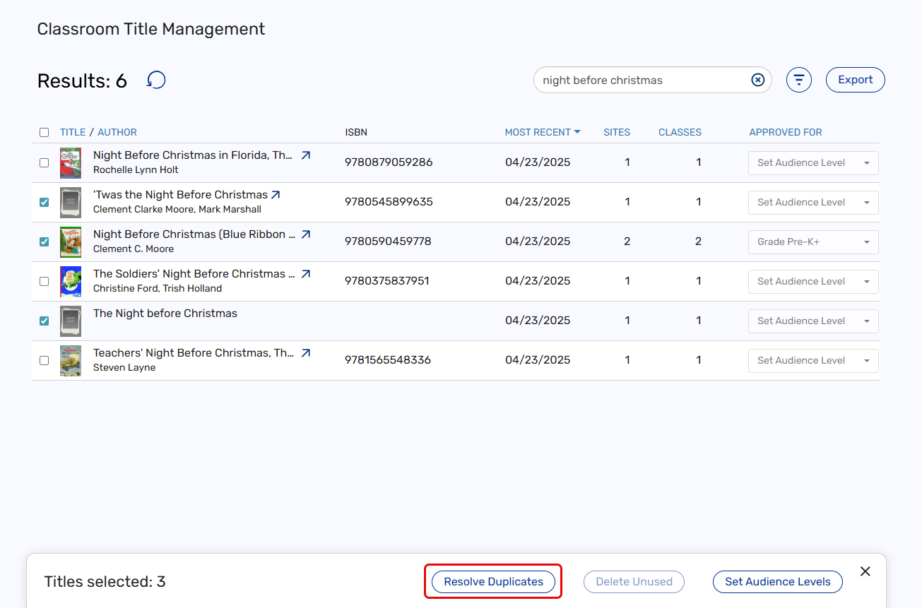 Search results with titles selected and the Resolve Duplicates option highlighed.
