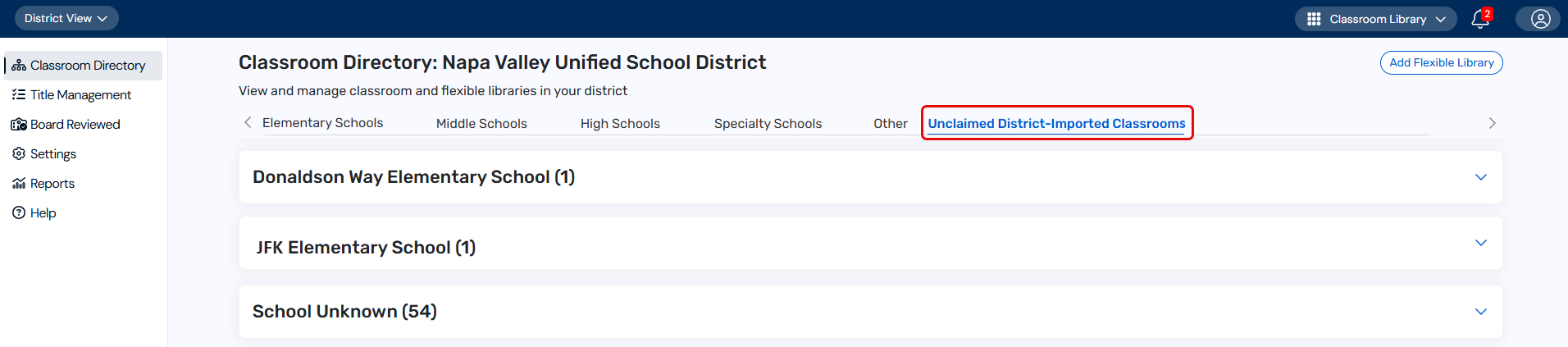 Unclaimed District-Imported Classrooms tab.