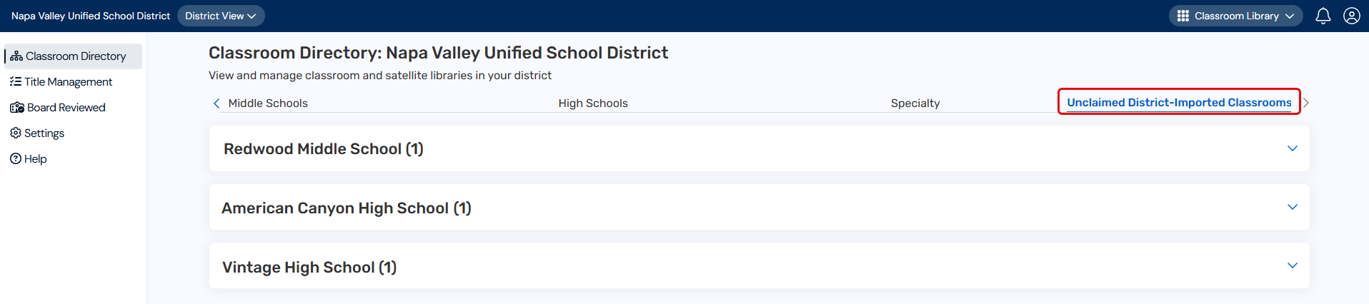 Classroom Directory page with Unclaimed District-Imported Classrooms.