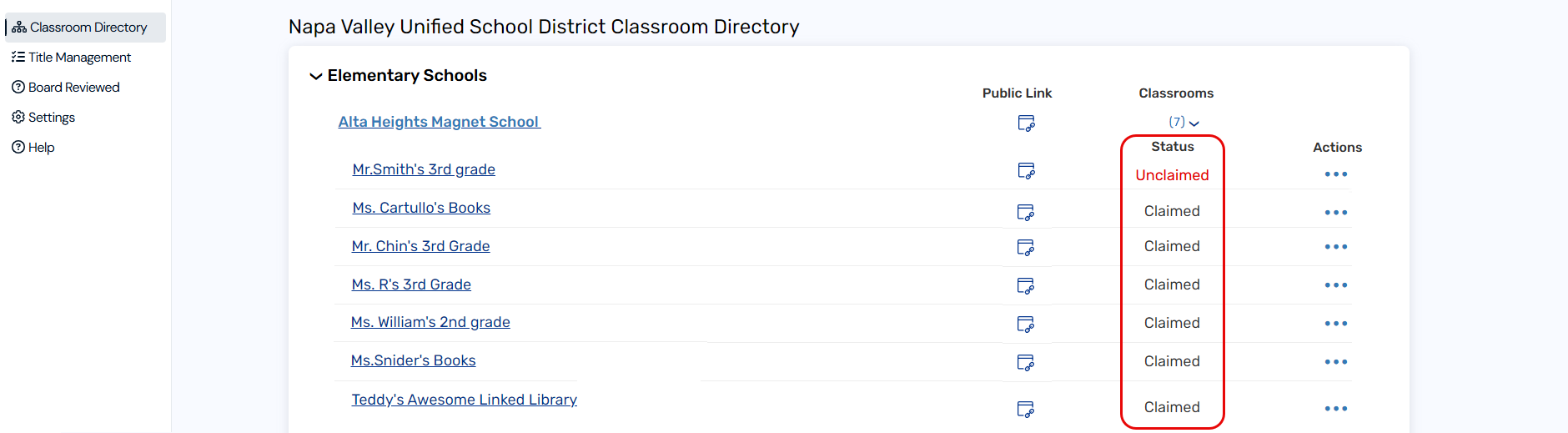 Classroom Directory page with the Status column highlighted.