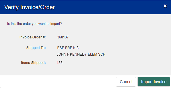 Verify Invoice/Order pop-up.